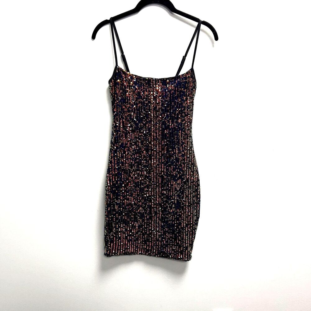 Sequin Bodycon Mini Dress Black Multicolor Sparkle Adjustable Straps Size Small